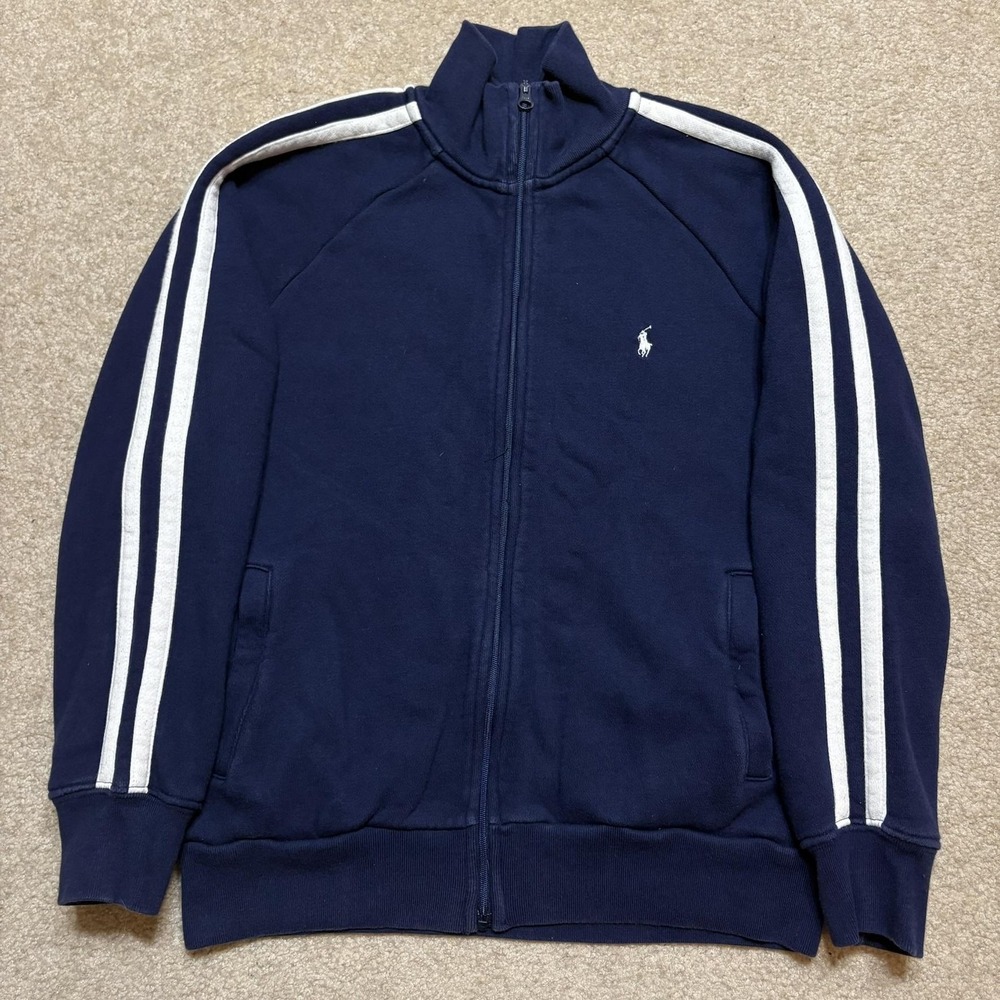 Vtg Polo Ralph Lauren Track Sweatshirt Boys M 12-14 Blue Full Zip Striped Mock